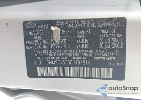 2008 Hyundai Santa Fe Gls z USA, uszkodzony, nr VIN 5NMSG13D68H194814